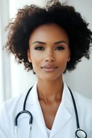 Young African American female medical professional with natural curly hair wearing white coat and stethoscope, smiling confidently at camera against light background.