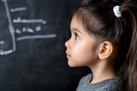 Side profile of young Asian girl student looking at chalkboard with focused expression, wearing gray sweater and ponytail against dark classroom background.