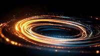 Glowing spiral of light trails with orange and blue colors against dark background creates dynamic motion effect, suitable for technology concepts.