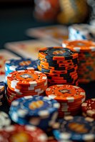 Stack of orange and blue poker chips on gaming table with playing cards and dice in background, selective focus on chips showing texture and casino atmosphere.