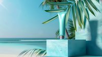 Luxury cosmetic product display on turquoise podium with palm leaves and ocean background, modern minimal summer beauty concept for skincare packaging.