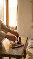 Hands arranging essential oil bottles and healing crystals on a rustic wooden table in warm natural light, wellness ritual setting.