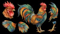 Rooster head and full body illustrations with colorful plumage isolated on transparent background, ready for t-shirt designs, clipart, stickers, and print-on-demand products.