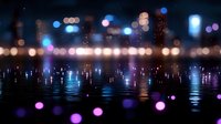 Blurred city skyline reflected in water at night with colorful bokeh lights creating dreamy urban landscape, glowing dots and reflections for atmospheric backgrounds.