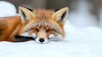 Red fox sleeping peacefully in white winter snow, showing adorable closed eyes and furry face in close-up nature photography. Perfect for wildlife and seasonal designs.