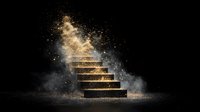 Mystical golden staircase emerging from darkness with glowing particles and smoke effects against black background, creating dramatic atmospheric scene.