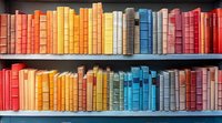 Colorful books arranged by spectrum colors on wooden shelves, creating rainbow pattern. Old hardcover volumes lined up in library or bookstore display.