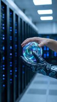 Human hand and robotic arm holding glowing blue and green energy sphere in data center with server racks and LED lights.
