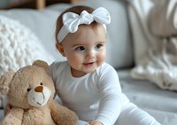 Smiling baby in white outfit with bow headband sitting on couch with plush teddy bear, capturing pure joy and innocence in soft natural lighting.