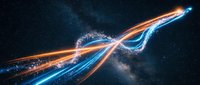 Abstract flowing light trails in orange and blue colors creating dynamic waves against starry space background for digital art and futuristic design projects.