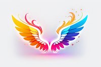 Vibrant rainbow wings with glowing effect on light background, symmetrical design featuring gradient colors from warm orange to cool blue with decorative sparkles.