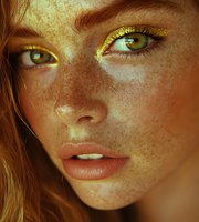 Close-up of young woman with freckles and green eyes wearing gold glitter eyeshadow, showcasing natural beauty and modern makeup trends.
