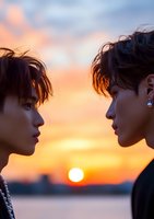 Young Asian couple in profile silhouetted against dramatic sunset sky over water, creating romantic atmosphere with orange and purple hues. Intimate moment captured at golden hour.