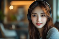 Young Asian woman wearing wireless headphones smiles warmly at camera in cozy cafe setting with soft bokeh lighting, dressed in casual gray sweater.