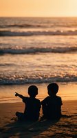Two young children sitting on beach sand watching golden sunset over ocean waves, silhouetted against warm evening light for family vacation memories.