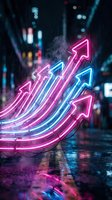 Neon arrows pointing upward in vibrant pink and blue colors on wet city street at night with rain and bokeh lights creating futuristic business growth concept.