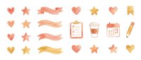 Watercolor design elements set with hearts, stars, ribbons, clipboard, coffee cup, calendar and pencil in coral and gold tones isolated on white.