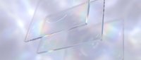 Transparent glass panels with iridescent light reflections and rainbow prisms floating in soft white space, suitable for modern design backgrounds.