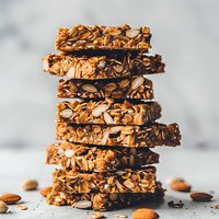 Stack of homemade granola bars with almonds, chocolate, and oats on light background. Healthy snack food photography for recipe blogs and packaging.