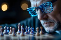 Senior Caucasian man in glasses looking at chess pieces on board with dramatic lighting and blue reflections, creating atmosphere of strategic thinking.
