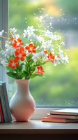 Fresh orange and white flowers in pink ceramic vase on windowsill with books, soft natural daylight and bokeh background creates peaceful home atmosphere.
