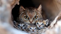 Mother cat with three adorable kittens peeking out from their den, showing bright eyes and alert expressions against blurred natural background.