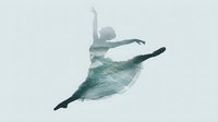 Young female dancer leaping gracefully with ocean waves double exposure effect creating artistic silhouette on white background for creative design projects.