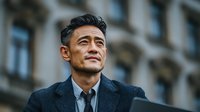 Professional Asian businessman in dark suit smiling confidently outdoors with modern architecture background for corporate and business concepts.