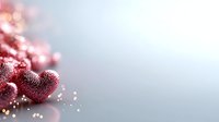 Red glittery heart decorations with bokeh effect on soft gray background, romantic festive composition for Valentine's Day and love celebrations.
