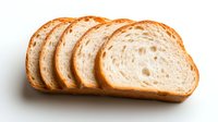 Sliced white bread loaf showing soft interior texture and golden crust on white background, fresh baked traditional artisan bread for food photography.