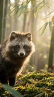 Adorable raccoon dog in sunlit bamboo forest with golden light filtering through leaves creating magical woodland atmosphere for nature photography.