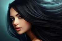 Young woman with flowing black hair and red lips against turquoise background, dramatic lighting creates mysterious atmosphere. Artistic portrait emphasizes natural beauty.