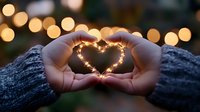 Female hands in gray knit sweater sleeves forming heart shape with glowing string lights against blurred bokeh background creating romantic magical atmosphere.