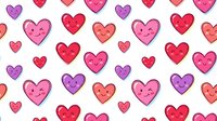Cute kawaii hearts seamless pattern with smiling faces in pink, red and purple colors. Perfect for Valentine's Day designs, wrapping paper and romantic projects.