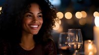 Young African American woman with curly hair smiling at dinner, holding wine glass against blurred bokeh lights background, creating warm evening ambiance.