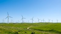 Wind turbines dotting green rolling hills under clear blue sky, representing renewable energy and sustainable power generation for environmental projects.