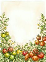 Tomato plants with ripe and unripe fruits and yellow flowers frame the bottom and sides of this vintage-style botanical illustration on cream background, suitable for recipe cards, menus, and garden designs.