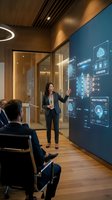 Woman in business attire presenting AI and data analytics concepts on digital display to seated colleagues in modern office meeting room with wooden interior and warm lighting.
