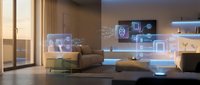 Modern smart home living room with holographic interface displays showing IoT connectivity and digital control panels for automated house management.
