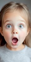 Young Caucasian girl with bright blue eyes and blonde hair expressing surprise with open mouth and wide-eyed amazement, wearing light gray top, close-up portrait.