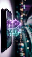 Smartphone displaying holographic house model with glowing purple and blue digital effects against blurred city lights background for real estate apps.