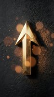 Golden metallic arrow pointing upward with glowing bokeh lights on dark textured surface for business growth and success concepts.