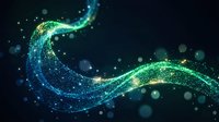 Flowing digital wave with glowing particles and bokeh lights on dark background for technology and data visualization projects.