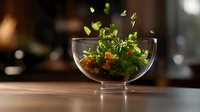 Fresh green salad with colorful vegetables served in elegant glass bowl on wooden table with dark restaurant atmosphere and natural lighting.