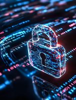 Glowing digital padlock with binary code background in blue and red neon colors represents cybersecurity and data protection in modern digital age.