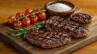 Grilled ribeye steaks with fresh rosemary, cherry tomatoes, sea salt and peppercorns on wooden cutting board, close up view of juicy meat with grill marks.