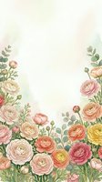 Watercolor floral border with pink, peach, and yellow ranunculus blooms and eucalyptus, soft pastel background with copy space for text.