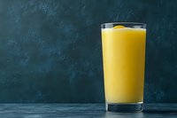 Fresh yellow smoothie or juice in tall glass on dark textured background with copy space. Healthy beverage concept for menu design and advertising.