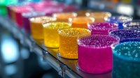 Colorful glowing liquid samples in laboratory test tubes arranged in row, featuring vibrant yellow, pink, purple and blue solutions with bubbles and sparkles.