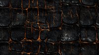 Dramatic black charred wood texture with glowing orange cracks creating abstract pattern. Dark burnt surface with fiery elements for background design.